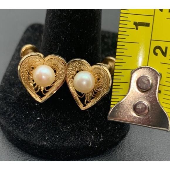 Vintage Filigree Heart 1/20 12K Gold Filled Faux Pearl Earrings Screw Back - Picture 4 of 6